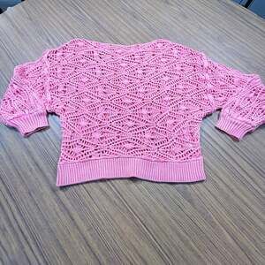 BKE Pink Open Knit Sweater Womens Medium Crochet Boho Pullover